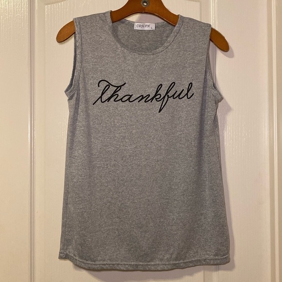 CDJLFH Women's Thankful Grey and Black Muscle Tee Tank Top Size Large NWOT - Picture 1 of 7
